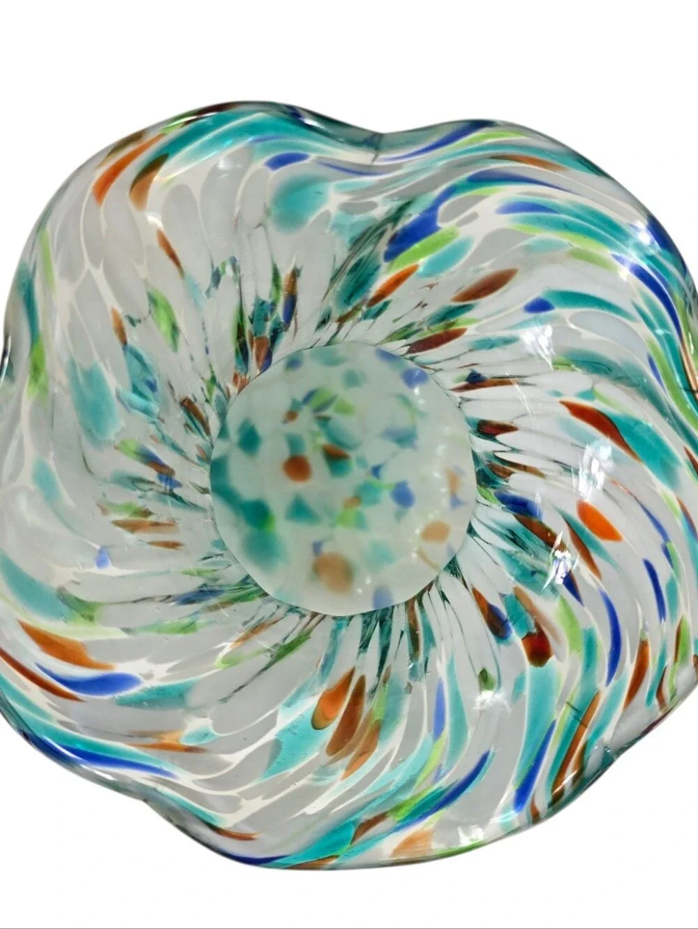 Hand Blown Art Glass Vase Ruffled Rim Confetti Frit Aqua Blue White 7.5